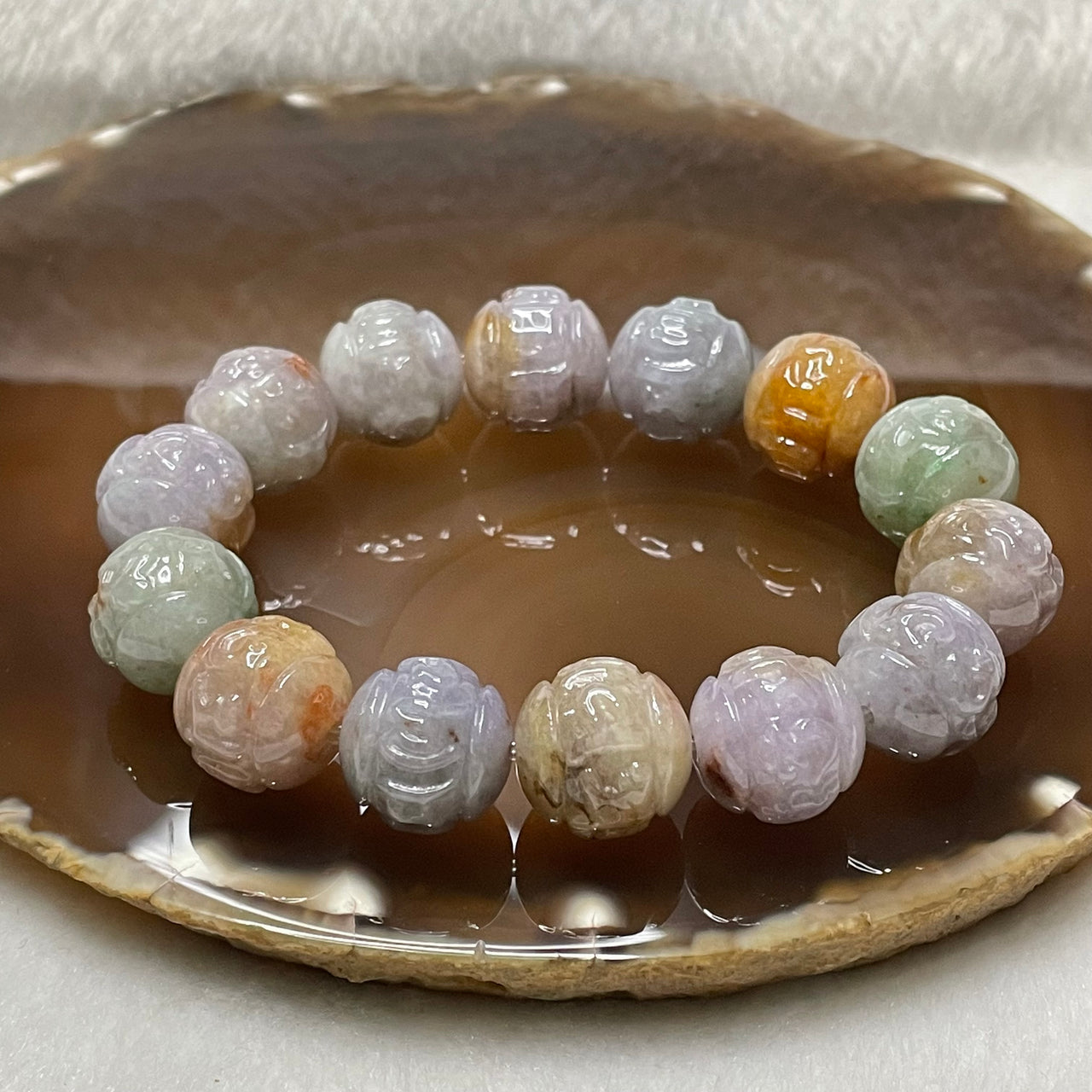 Type A Semi Icy Mixed Colour Om Mani PadMe Hum Bracelet 77.85g 15.2mm/bead 14 beads - Huangs Jadeite and Jewelry Pte Ltd