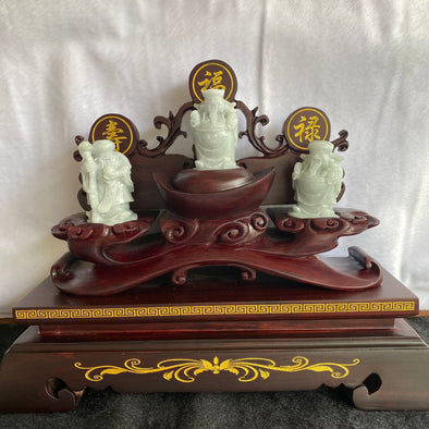 Type A Jade Jadeite Fu Lu Shou Display 625g Dimensions with stand 370 by 300 by 150mm Jade without stand 70 by 50 by 50 each - Huangs Jadeite and Jewelry Pte Ltd