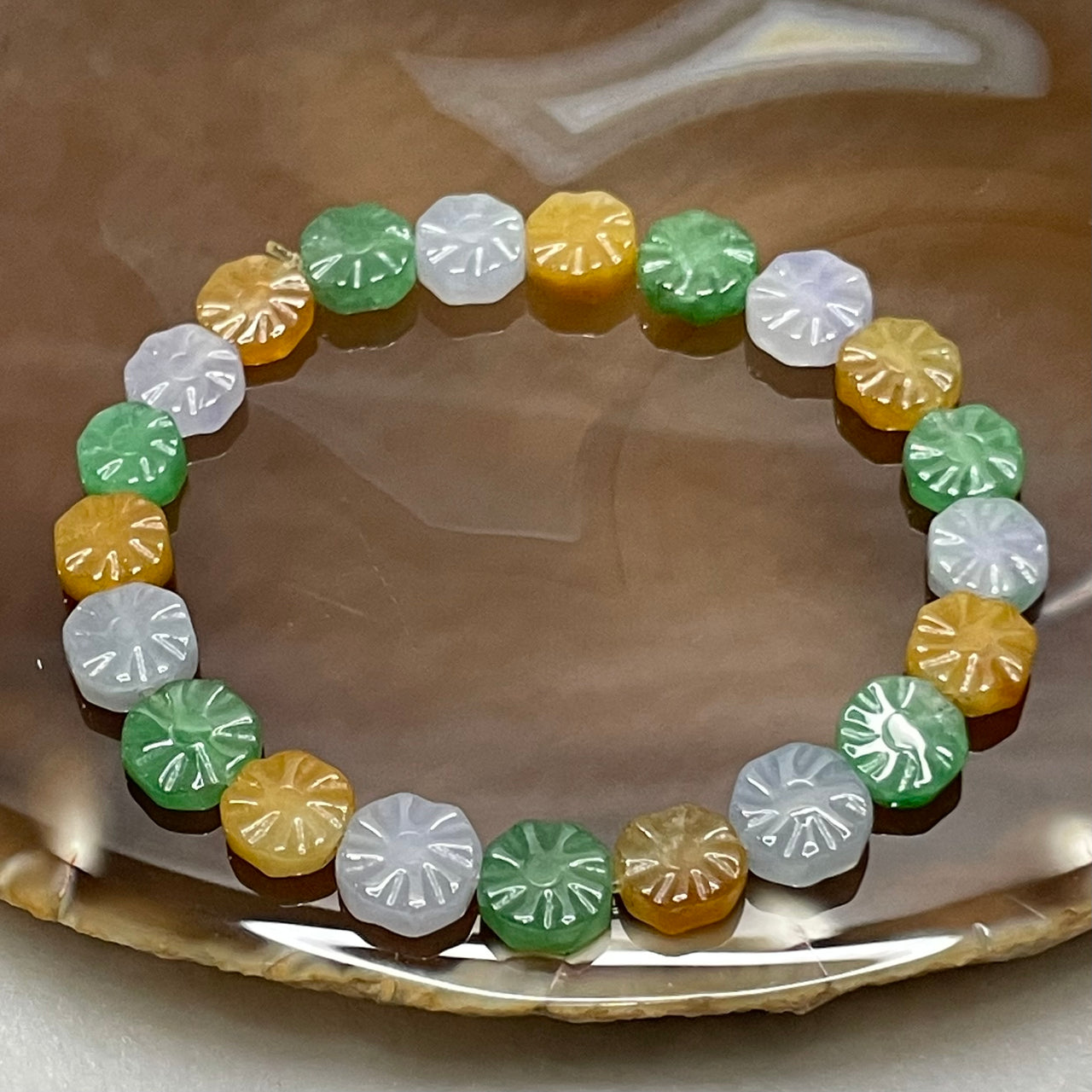 Type A Green, Lavender & Yellow Jade Jadeite Bagua Bracelet - 12.00g 8.4 by 8.0 by 3.1mm/ Piece 21 pieces - Huangs Jadeite and Jewelry Pte Ltd