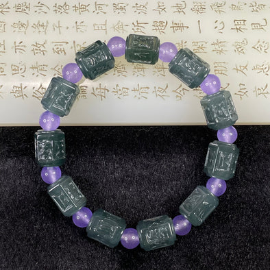 Type A Icy Blueish Green Om Mani PadMe Hum Barrel Jade Jadeite Bracelet - 50.49g 11.3 by 14.6mm/barrel 11 pieces - Huangs Jadeite and Jewelry Pte Ltd