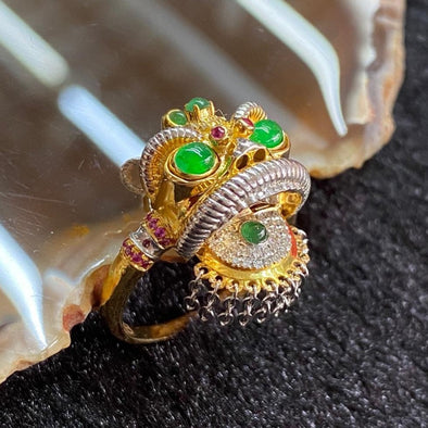 Type A Burmese Jade Jadeite 18K Gold customised Moveable Wu Shi Lion Head Ring - 6.00g 13.1 by 22.5 by 8.3mm US6.25 HK14 - Huangs Jadeite and Jewelry Pte Ltd