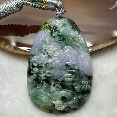 Type A Faint Lavender, Yellow, Green Piao Hua Jade Jadeite Shan Shui Necklace - 36.3g 60.5 by 40.2 by 9.1mm - Huangs Jadeite and Jewelry Pte Ltd