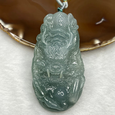 Type A Semi Icy Blueish Green Burmese Jadeite Dragon Pendant 91.78g 80.0 by 42.4 by 14.5mm - Huangs Jadeite and Jewelry Pte Ltd