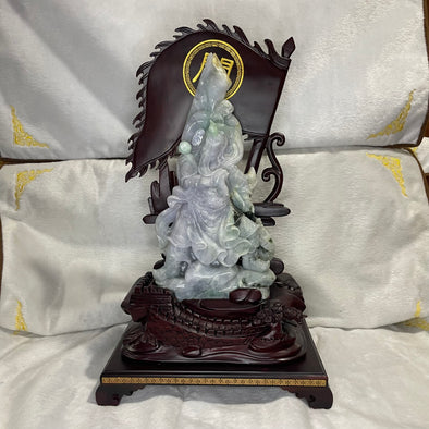 Type A Three Colour Green, Lavender & Yellow Jade Jadeite Standing Guan Gong with Wooden Stand and Victory Flag 义薄云天 旗开得胜 - 3.63kg Dimensions with Stand: 39 by 25 by 15cm Jade Dimensions: 27 by 15 by 7cm - Huangs Jadeite and Jewelry Pte Ltd