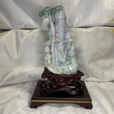Type A Lavender, Green & Yellow Jade Jadeite Shou Xing Gong with Wooden Stand 财源滚滚 健康长寿 - 3.93kg Dimensions with Stand: 39 by 25 by 15cm Jade Dimensions: 27 by 15 by 7cm - Huangs Jadeite and Jewelry Pte Ltd