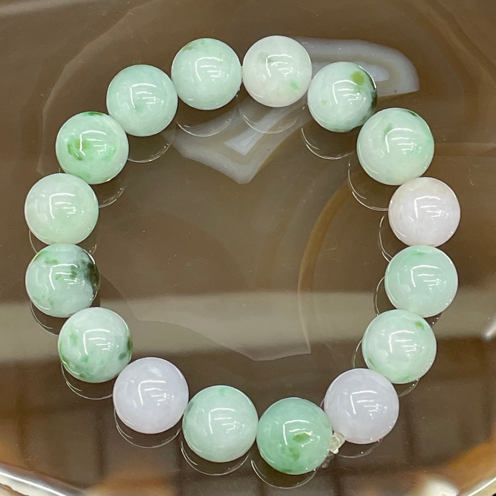 Type A Burmese Green & Lavender Floating Spicy Green Jade Jadeite Bracelet - 62.49g 13.0-14.0mm/bead 16 beads - Huangs Jadeite and Jewelry Pte Ltd