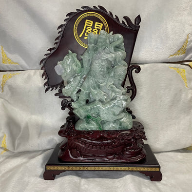 Type A Lavender and Green Jade Jadeite Standing Guan Gong with Wooden Stand and Victory Flag 义薄云天 旗开得胜 - 4.77kg Dimensions with Stand: 49 by 33 by 14cm Jade Dimensions: 29 by 23 by 5cm - Huangs Jadeite and Jewelry Pte Ltd